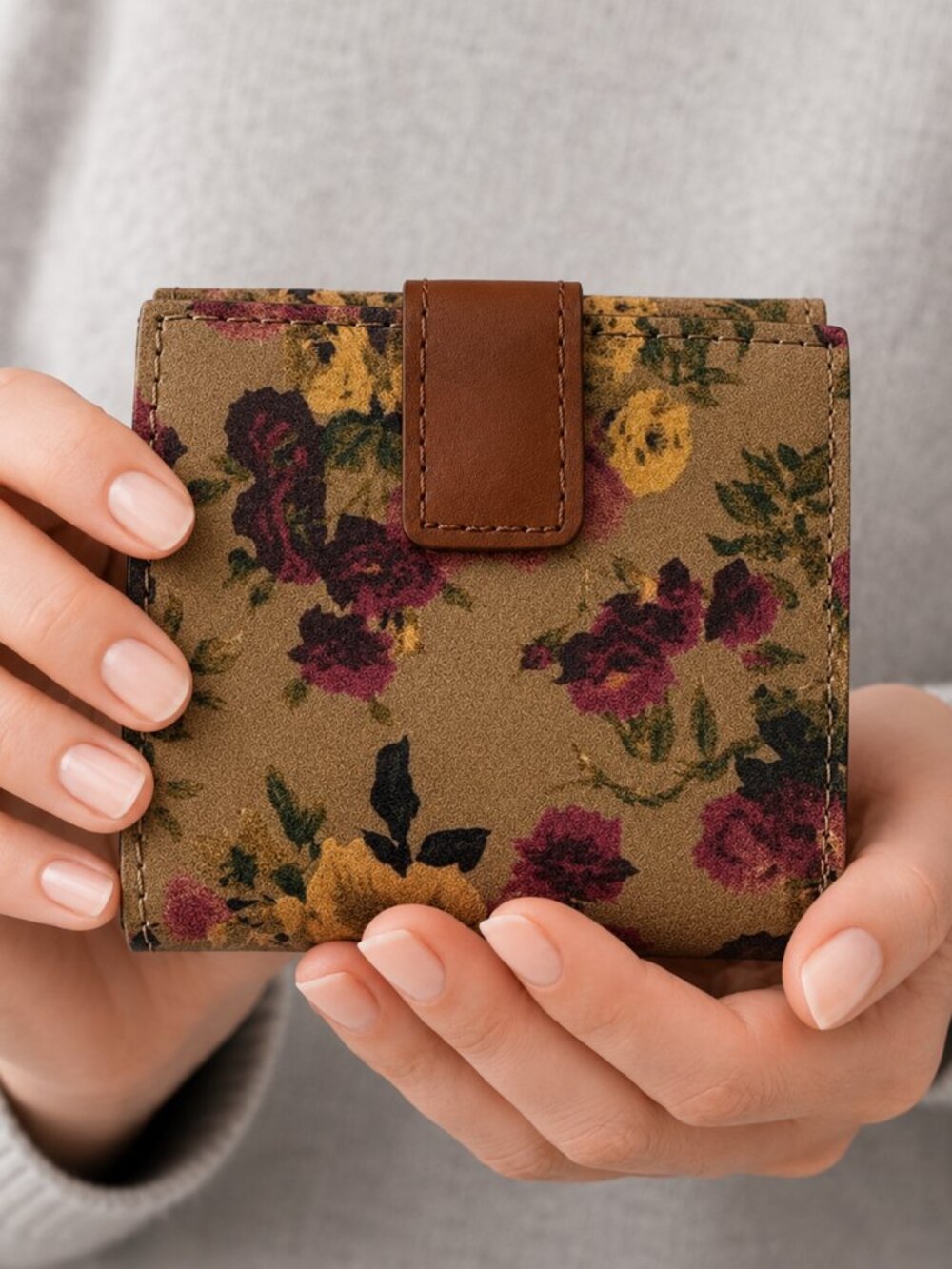 Patricia Nash Astra Antique Rose Floral  Leather Bi Fold Wallet Tan Purple